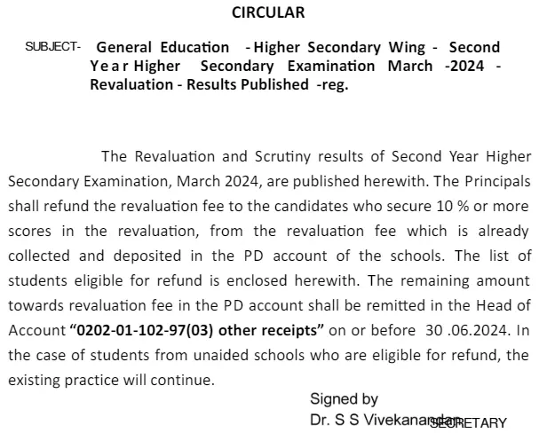 dhsekerala.gov.in Revaluation Result 2024 Notice