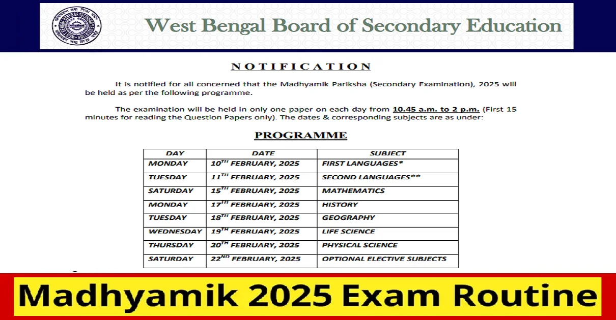 West Bengal Madhyamik Routine 2025